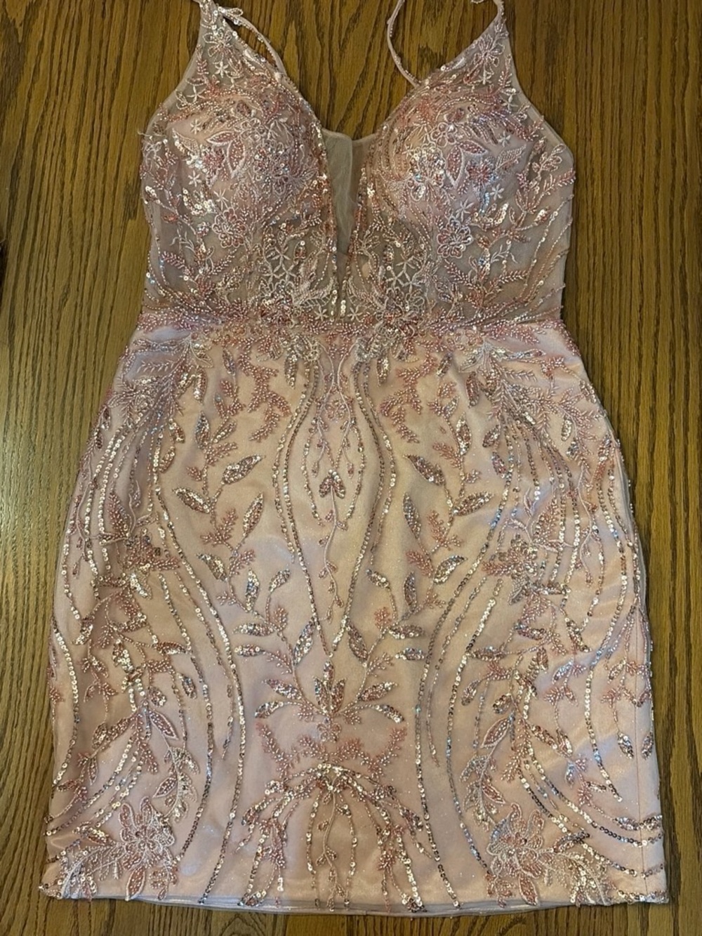 Sequin Embellished Blush Pink Prom Dress with V-Neck
